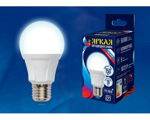 Лампа светодиодная Uniel Яркая E27 18Вт 4000K LED-A60 18W/4000K/E27/FR PLP01WH картон