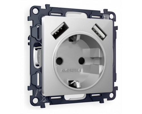 Розетка с заземлением и со шторкой и 2хUSB type A, без рамки Ambrella Volt Quant MA409010