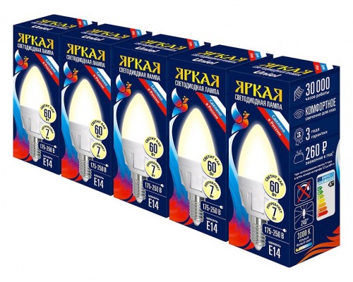 Набор из 5 ламп светодиодных Uniel PLP01WH E14 7Вт 3000K LED-C37 7W/WW/E14/FR PLP01WH Набор из 5 ламп светодиодных Uniel PLP01WH E14 7Вт 3000K LED-C37 7W/WW/E14/FR PLP01WH