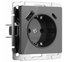Розетка с заземлением и со шторками и 2хUSB, без рамки Werkel графит акрил W1171744
