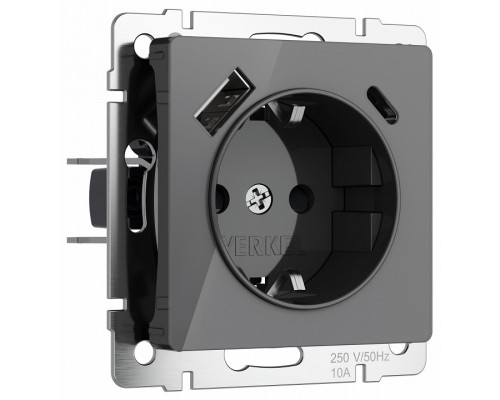 Розетка с заземлением и со шторками и 2хUSB, без рамки Werkel графит акрил W1171744 Розетка с заземлением и со шторками и 2хUSB, без рамки Werkel графит акрил W1171744