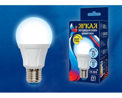 Лампа светодиодная Uniel Яркая Dim E27 10Вт 6500K LED-A60 10W/6500K/E27/FR/DIM PLP01WH картон Лампа светодиодная Uniel Яркая Dim E27 10Вт 6500K LED-A60 10W/6500K/E27/FR/DIM PLP01WH картон