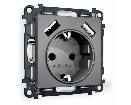 Розетка с заземлением и со шторкой и 2хUSB type A, без рамки Ambrella Volt Quant MA659010